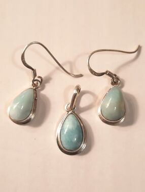 Sterling Silver Teardrop Larimar Earrings and Pendant Set - Light Blue